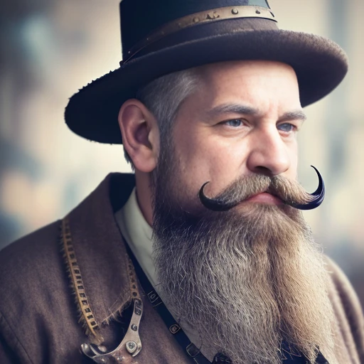 1boy, beard, blurry, blurry_background, blurry_foreground, depth_of_field, facial_hair, male_focus, manly, motion_blur, mustache, old_man, solo, upper_body, fantasy background, portrait, steampunk_bg