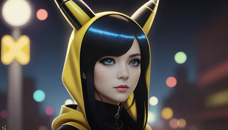 pikachu-girl with big and cute eyes, blue eyes, hood, steampunk city, fine - face, realistic shaded perfect face, fine details, saturated colors, night setting.realistic shaded lighting poster by ilya kuvshinov katsuhiro, magali villeneuve, artgerm, jeremy lipkin and michael garmash, rob rey and kentaro miura style, trending on art station