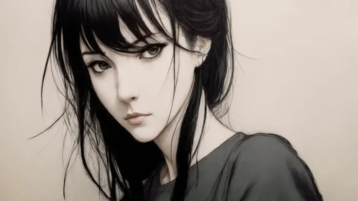 sketch of Teacher,in restaurant, ((serious)) woman, sexy, european, NSFW,(((cute face))) (office grey dress),direct glance,small gaze,tired look,close up face,deep neckline, sitting,cute eyes, huge breasts, dark art by james jean, takato yamamoto, inkpunk minimalism