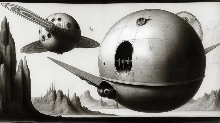 sci-Fi, sketch, planet, spaceship, 60x style, gerl,
instruments, pencil drawing, black and white, painting by (Leonardo da Vinci)