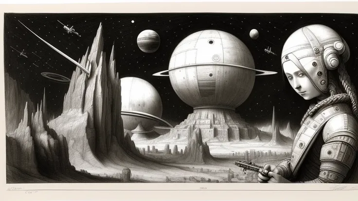 sci-Fi, sketch, planet, spaceship, 60x style, gerl,
instruments, pencil drawing, black and white, painting by (Leonardo da Vinci), Rembrandt Harmens van Rijn