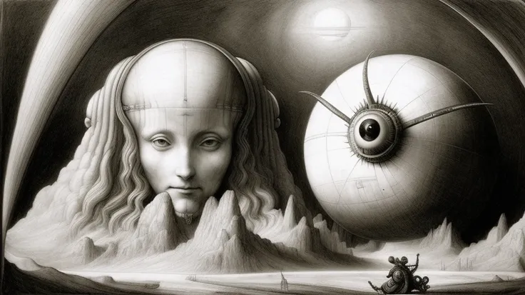 sci-Fi, sketch, planet, spaceship, 60x style, gerl,
 instruments, pencil drawing, black and white,  painting by (Leonardo da Vinci), Rembrandt Harmens van Rijn