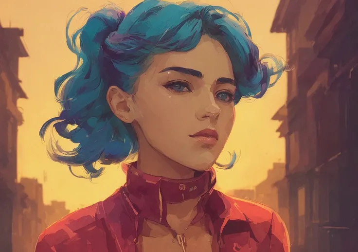 Woman portrait on street in style of stefan kostic, Andre Kertesz, Masamune Shirow, illustration, cartoone, artstation, synth vibe, (vaporwave colors), moody lighting, moody vibe, telephoto, (90s vibe), blurry background, tranquil, calm, faded