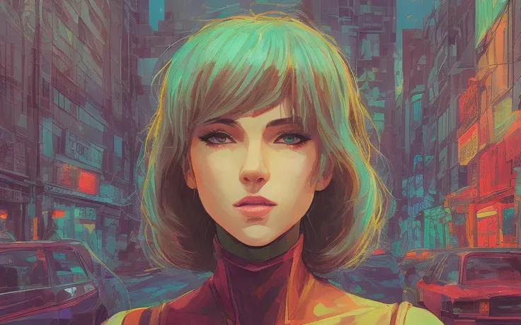 Woman portrait on street in style of stefan kostic, Andre Kertesz, Masamune Shirow, illustration, cartoone, artstation, synth vibe, (vaporwave colors), moody lighting, moody vibe, telephoto, (90s vibe), blurry background, tranquil, calm, faded