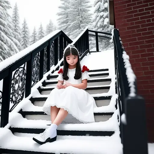 teenager girl in snow-white dress sitting on the stairway to heaven