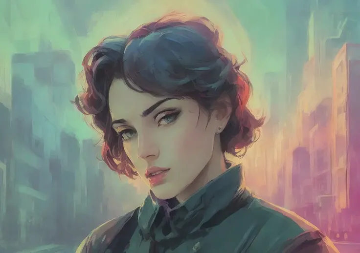Woman portrait on street in style of stefan kostic, Andre Kertesz, Masamune Shirow, illustration, cartoone, artstation, synth vibe, (vaporwave colors), moody lighting, moody vibe, telephoto, (90s vibe), blurry background, tranquil, calm, faded
