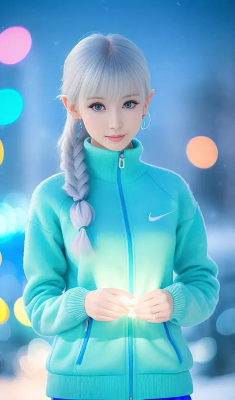 ((russian girl)), (gray hair), full body , (random Pose work out), (random_color) (wear cute sweater turtle neck with long pant and wearing winter jacket brand nike) , (medium build, toned muscles, show long beautiful leg, slender waist, slender thighs, medium build, toned muscles, by Ed Blinkey,) (pointy ears elf, cute_face, super_detailed_hair, twintails, layes_hair, Ponytail, Upstyle_hair), ( ear_wolf_girl,cute_earrings, smile), ( pale_skin, delicate_and_beautiful_hands, beautiful_finger_with nails, delicate_and_beautiful_skin, delicate_eyes, shiny_eyes, watery_eyes, bright_pupils, beautiful_lips, delicate_boobs, nipple), (photorealistic), (illustration), (detailed), (extremely_detailed), (ultra-detailed), (masterpiece), (highres), (original), (extremely detailed_wallpaper), (cinematic lighting), (tyndall effect), (cinematic Lighting),(), city_background in winter a lot snow, ((cute glass box floating magically in the air containing a general goods store, nighttime, pretty colorful light decorations_background)), (an extremely delicate and beautiful girl), insane details, intricate details, hyperdetailed, low contrast, soft cinematic light, dim colors, exposure blend, hdr, front, great focus to girl