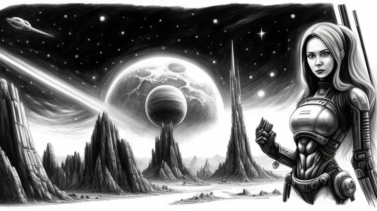 sci-Fi, sketch, alien planet, spaceship, 60x style, woman, instruments, pencil drawing, black and white, yuri makarov