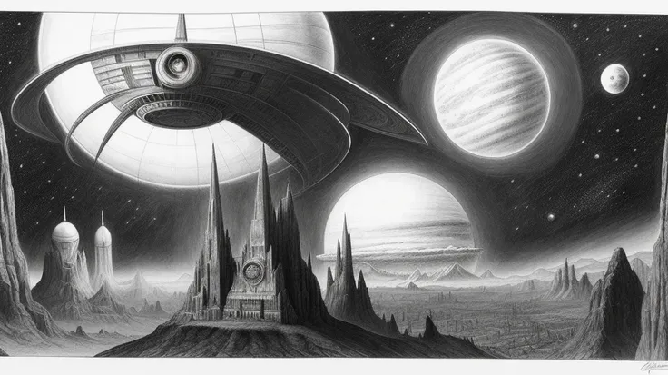 sci-Fi, sketch, planet, spaceship, 60x style, gerl,
instruments, pencil drawing, black and white, painting by yuri makarov, William Blake, (Leonardo da Vinci)