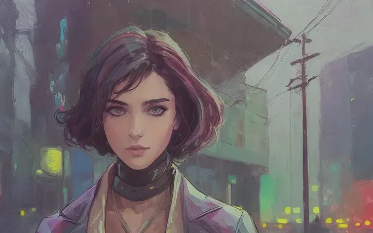 Woman portrait on street in style of stefan kostic, Andre Kertesz, Masamune Shirow, illustration, cartoone, artstation, synth vibe, (vaporwave colors), moody lighting, moody vibe, telephoto, (90s vibe), blurry background, tranquil, calm, faded