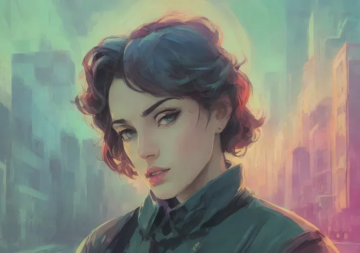 Woman portrait on street in style of stefan kostic, Andre Kertesz, Masamune Shirow, illustration, cartoone, artstation, synth vibe, (vaporwave colors), moody lighting, moody vibe, telephoto, (90s vibe), blurry background, tranquil, calm, faded