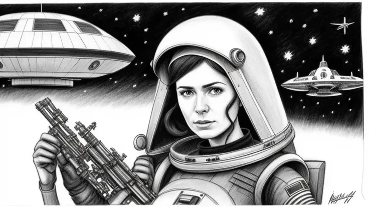 sci-Fi, sketch, soviet spaceship, 60x style, woman in uniform, instruments, pencil drawing, black and white, yuri makarov