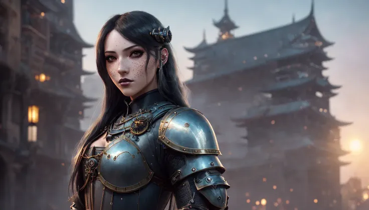 full length frame, High detail RAW color art, animation, cartoon, (((black lingre))), (elegant, beautiful face), piercing, (freckles), gothic makeup, ketch of woman full body, thick thighs, (((cute knight samurai girl))), barely legal, magical atmosphere, ((long hair)), pubic hair, uncensored, (detailed skin, skin texture), (intricately detailed, fine details, hyperdetailed), raytracing, subsurface scattering, (steampunk city on background), ((muted colors)), diffused soft lighting, shallow depth of field, by (Oliver Wetter), photographed on a Canon EOS R5, 28mm lens, F/2.8, sharp focus bokeh