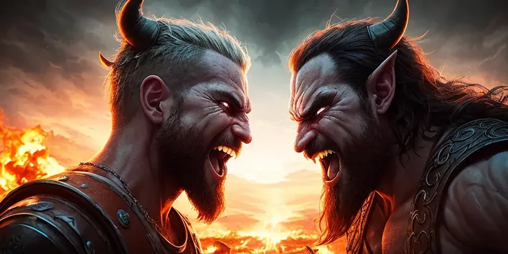 a full scene portrait of a toxic laughing muscled viking god and a devil demon angry giant, looking at each other, last battle elder, epic realistic, faded, (((hdr))), hyperdetailed, cinematic, warm lights, intricate details, muscle, low angle shot, wide angle view