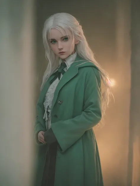(Proud:1.3) photo of white hair girl Dungeon of the House of Slytherin from the Book of Harry Potter, muted colors, dim, warm colors, cinematic, (leaning:1.3), standing under a spot light, volumetric dust, Key light, backlight, soft natural lighting, photography 400 ISO, film grain, 30mm lens RAW aperture f1.8, highly detailed