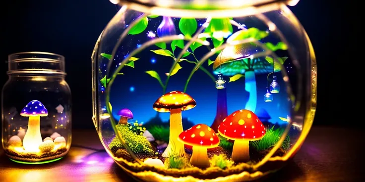 closeup photography portrait of a (glass jar with a magical glowing mushroom terrarium:1.3) growing inside surrounded by magic and auras floating inside, magical particles and glowing particles inside jar, jar on table inside (wizards workshop background:1.3), ((low angle shot)), no external lighting, incredible shadows, 8k uhd, dslr, high quality, extra sharp focus, depth of field, bloom, glowing particles in air: