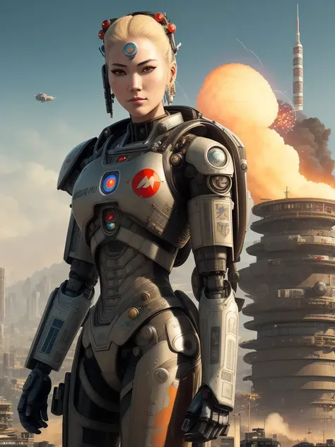 an epic fantastic realism comic book style portrait painting of a japanese robotic geisha with kanji tattoos and decals, apex legends, octane render, intricate detail, 4 k hd, unreal engine 5, ex machina, irobot, gerald brom, a finnish blond woman, with the city in the background, the explosion of a nuclear bomb, by Michael William Kaluta