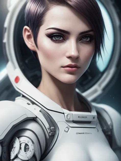 High detail RAW color art, animation, realistic photo, (((wearing white topic))), (((beautiful face))), white skin, Hi-Tech, (((cute muscle woman aboard the spaceship))), goth makeup, magical atmosphere, ((((wery short hair)))), (detailed skin, skin texture), (intricately detailed, fine details, hyperdetailed), raytracing, subsurface scattering, diffused soft lighting, shallow depth of field, by (Oliver Wetter), photographed on a Canon EOS R5, 28mm lens, F/2.8, sharp focus bokeh