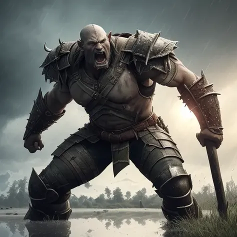 a professional photographic picture full body of a huge orc on a rainy battlefield standing with axes in hands, (((outrageous armor))), ((gorgeous detailed face)), (((angry expression))), (wet brilliant skin), (((detailed skin with pores))), huge rippling muscles, bodybuilder, ((((patch of reflected light on the skin)))), storm clouds, photorealistic, photographic filter unreal engine 5 realistic hyperdetailed 8 k ultradetail cinematic volumetric lighting, hd, hdr, cinematic 4 k wallpaper, 8 k, ultra detailed, high resolution, glowing rich colors powerful imagery