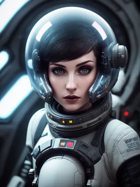 High detail RAW color art, animation, realistic photo, (((wearing black nano suite))), (((beautiful face))), white skin, Hi-Tech space battle, (((fright))), (((cute woman in the cockpit of a space fighter in galactic battle))), magical atmosphere, ((((wery short hair)))), (detailed skin, skin texture), (intricately detailed, fine details, hyperdetailed), raytracing, subsurface scattering, diffused soft lighting, shallow depth of field, by (Oliver Wetter), photographed on a Canon EOS R5, 28mm lens, F/2.8,