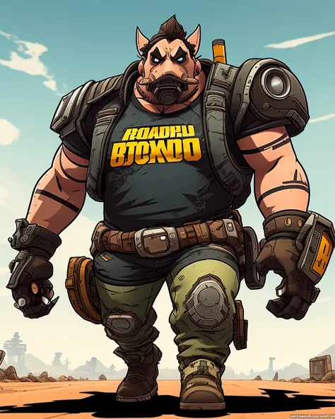 Roadhog from overwatch walking, (focus on legs:1.3), borderlands art style but with fine details, seductive look, post-apocalyptic atmosphere, detailed textures, detailed shading, sharp thick outlines, background borderlands art style with outlines, gentle face, 4k hdr, blue cartoon style, vivid