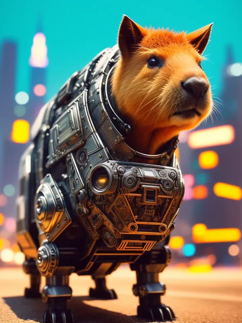 a cute capybara made out of metal, cyborg, cyberpunk style, ((intricate details)), hdr, ((intricate details, hyperdetailed)), cinematic shot, vignette, chrome outfit, surreal landscape, photo in 90's fashion style, medium format, fuji superia 400, iso 400, cinematic, surrealistic, 8k