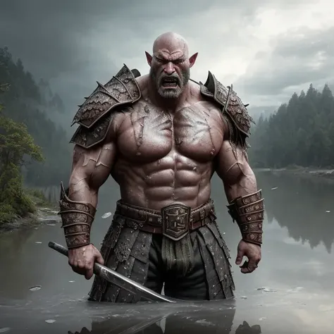 a professional photographic picture full body of a huge orc on a rainy battlefield standing with axes in hands, (((outrageous armor))), ((gorgeous detailed face)), (((angry expression))), (wet brilliant skin), (((detailed skin with pores))), huge rippling muscles, bodybuilder, ((((patch of reflected light on the skin)))), storm clouds, photorealistic, photographic filter unreal engine 5 realistic hyperdetailed 8 k ultradetail cinematic volumetric lighting, hd, hdr, cinematic 4 k wallpaper, 8 k, ultra detailed, high resolution, glowing rich colors powerful imagery