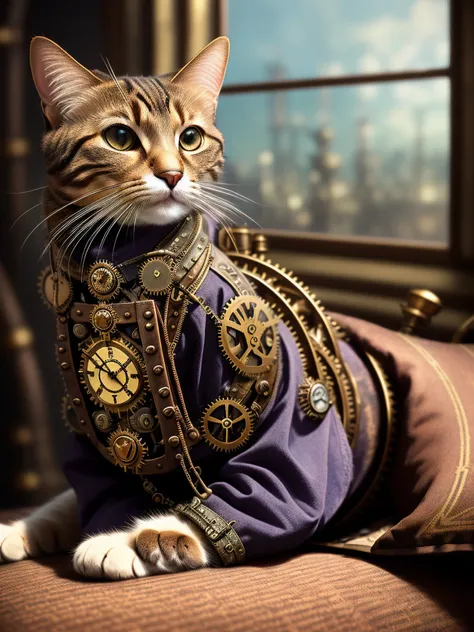 cat on the pillow (in steampunk clothes:1.3), 1 cat, (close-up:1.2), dark steampunk city in window background, hyperrealism, realistic, high resolution, cinematic, (subdued lighting:1.2), hdr, realistic shadow, complex background, intricate details, hyperdetailed