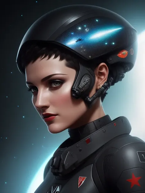 full height, High detail RAW color art, animation, realistic photo, (((wearing black nano suite))), (((beautiful face))), white skin, Hi-Tech space battle, (((cute woman in open space blasted out of a fighter jet in galactic battle))), magical atmosphere, ((((wery short hair)))), (detailed skin, skin texture), (intricately detailed, fine details, hyperdetailed), raytracing, subsurface scattering, Soviet union symbols, diffused soft lighting, shallow depth of field, by (Oliver Wetter), photographed on a Canon EOS R5, 28mm lens, F/2.8,