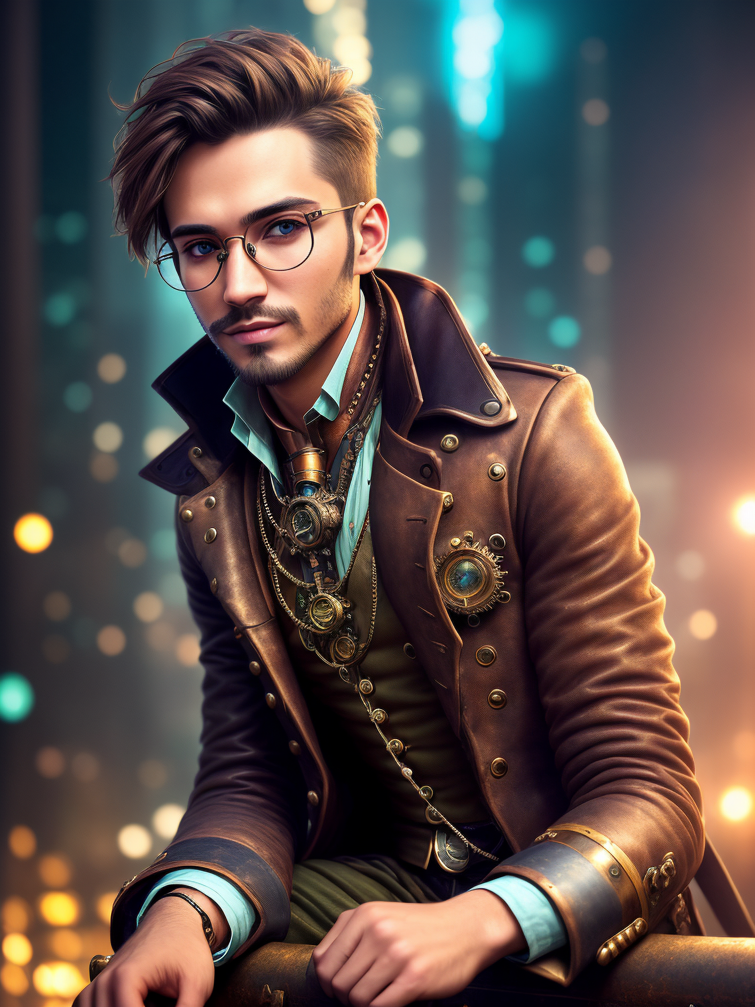A man in a leather jacket and glasses sitting on a ledge - SeaArt AI