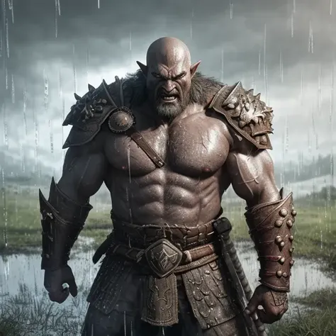 a professional photographic picture full body of a huge orc on a rainy battlefield standing with axes in hands, (((outrageous armor))), ((gorgeous detailed face)), (((angry expression))), (wet brilliant skin), (((detailed skin with pores))), huge rippling muscles, bodybuilder, ((((patch of reflected light on the skin)))), storm clouds, photorealistic, photographic filter unreal engine 5 realistic hyperdetailed 8 k ultradetail cinematic volumetric lighting, hd, hdr, cinematic 4 k wallpaper, 8 k, ultra detailed, high resolution, glowing rich colors powerful imagery