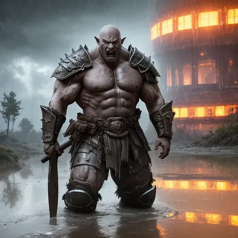 a professional photographic picture full body of a huge orc on a rainy battlefield standing with axes in hands, (((outrageous armor))), ((gorgeous detailed face)), (((angry expression))), (wet brilliant skin), (((detailed skin with pores))), huge rippling muscles, bodybuilder, ((((patch of reflected light on the skin)))), storm clouds, photorealistic, photographic filter unreal engine 5 realistic hyperdetailed 8 k ultradetail cinematic volumetric lighting, hd, hdr, cinematic 4 k wallpaper, 8 k, ultra detailed, high resolution, glowing rich colors powerful imagery