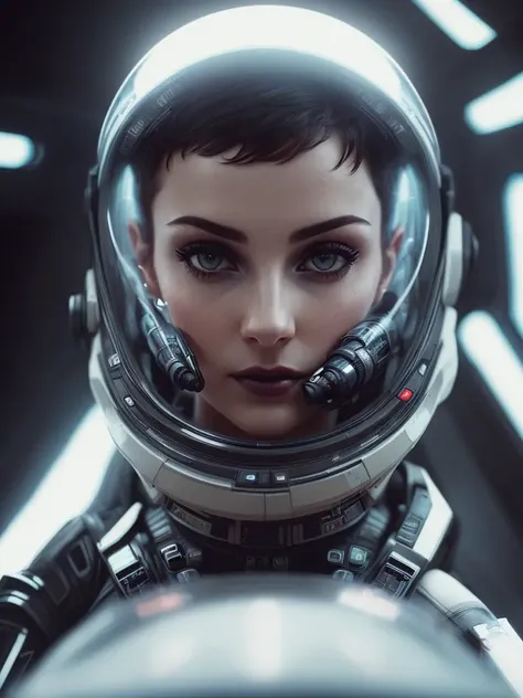 High detail RAW color art, animation, realistic photo, (((wearing black nano suite))), (((beautiful face))), white skin, Hi-Tech space battle, (((cute woman in the cockpit of a space fighter in galactic battle))), magical atmosphere, ((((wery short hair)))), (detailed skin, skin texture), (intricately detailed, fine details, hyperdetailed), raytracing, subsurface scattering, diffused soft lighting, shallow depth of field, by (Oliver Wetter), photographed on a Canon EOS R5, 28mm lens, F/2.8,