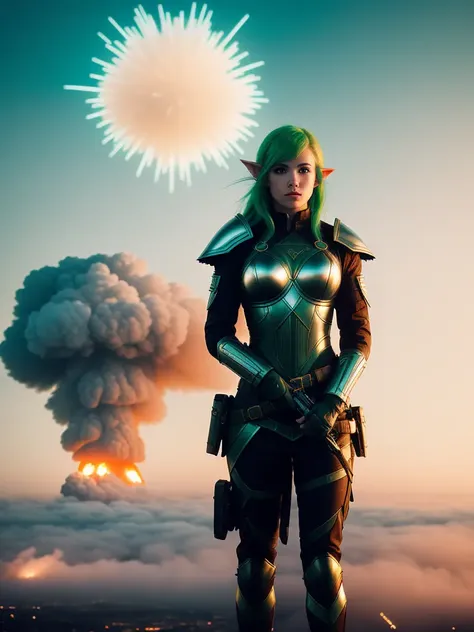 1girl, a real perfect female anatomy of green hair elf set in fog, light high ornamented armour, hyper details, volumetric lighting, cinematic lights, photo bashing , epic cinematic, octane render ,extremely high detail, post processing, 8K wallpaper, Film Grain, 3d, denoise, redshift style, phoshoot, 80mm, f/1.8, a finnish blond woman, with the city in the background, the explosion of a nuclear bomb, by Michael William Kaluta, chrome outfit, surreal landscape, photo in 90's fashion style, medium format, fuji superia 400, iso 400, cinematic, surrealistic, 8k