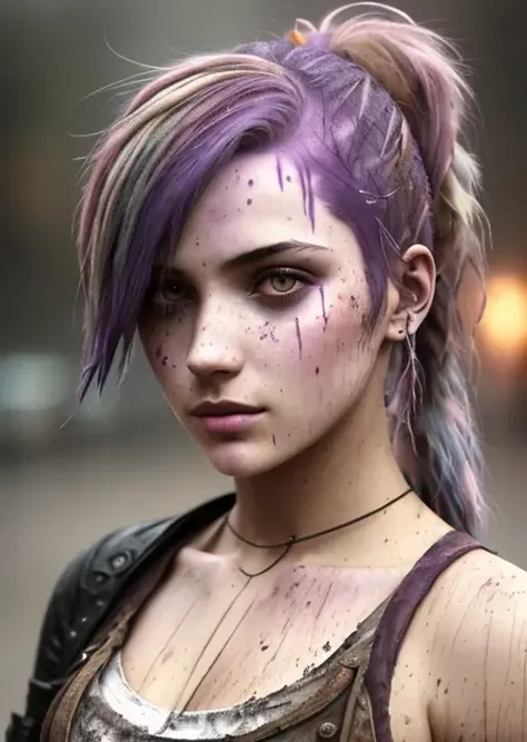 steampunk, bodyshot of a beautiful sad young woman outside wearing dirty shirt middle of a street soaking wet, pink and purple hair, ponytails, muddy, rain, epic realistic, imperfect skin, blemishes, photo, faded, complex stuff around, intricate background, neutral colors, ((((hdr)))), ((((muted colors)))), intricate scene, artstation, intricate details, vignette