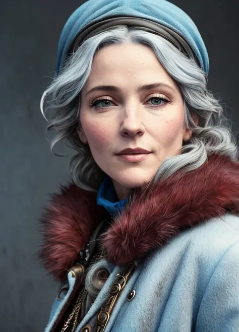 old grey madonna in blue homeless dirty steampunk costume, red fur collar, long beard, beautiful face, beautiful illustration with highly detailed face, by greg rutkowski and magali Villeneuve, full color, 8k, canon
