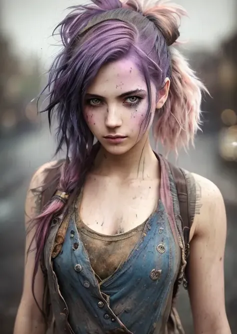 steampunk, a beautiful sad young woman outside wearing a dirty torn shirt middle of a street soaking wet, pink and purple hair, ponytails, muddy, rain, epic realistic, imperfect skin, blemishes, photo, faded, complex stuff around, intricate background, neutral colors, ((((hdr)))), ((((muted colors)))), intricate scene, artstation, intricate details, vignette