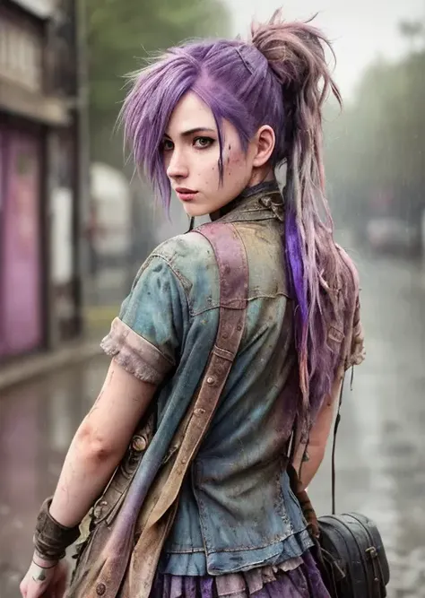 steampunk, a beautiful sad young woman outside wearing a dirty torn shirt middle of a street soaking wet, pink and purple hair, ponytails, muddy, rain, epic realistic, imperfect skin, blemishes, photo, faded, complex stuff around, intricate background, neutral colors, ((((hdr)))), ((((muted colors)))), intricate scene, artstation, intricate details, vignette