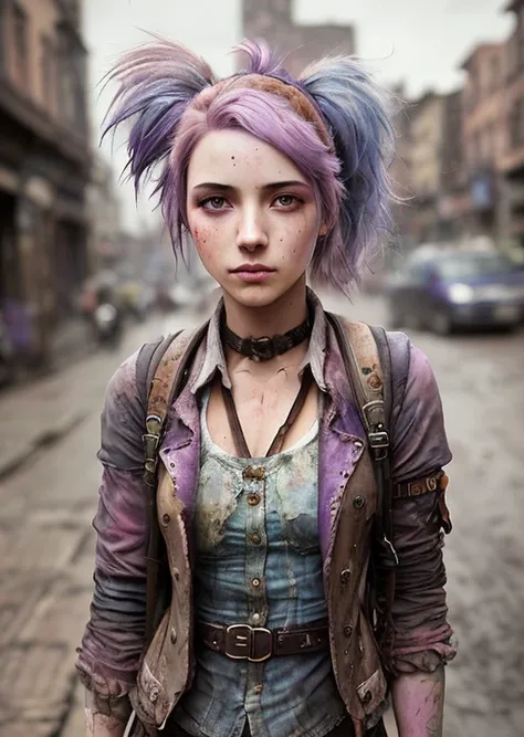 steampunk, a beautiful sad young woman outside wearing dirty shirt middle of a street, backpack, pink and purple hair, ponytails, muddy, epic realistic, imperfect skin, blemishes, photo, faded, complex stuff around, intricate background, soaking wet, neutral colors, ((((hdr)))), ((((muted colors)))), intricate scene, artstation, intricate details, vignette