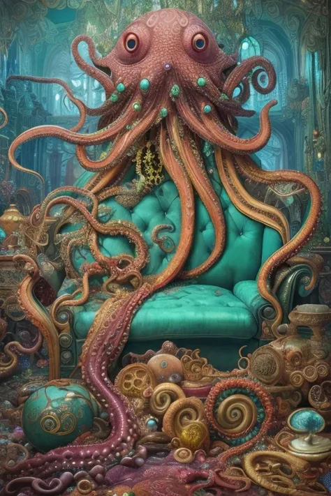 giant octopus lay on old couch, multi many eyes, fractal tint tentacles, smooth shiny colorfully skin, lots of stuffed gems and various clutter and mess in background, intricate, highly detailed
