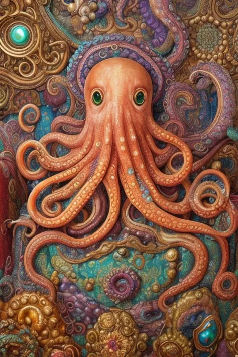 giant octopus lay on old couch, multi many eyes, fractal tint tentacles, smooth shiny colorfully skin, lots of stuffed gems and various clutter and mess in background, intricate, highly detailed