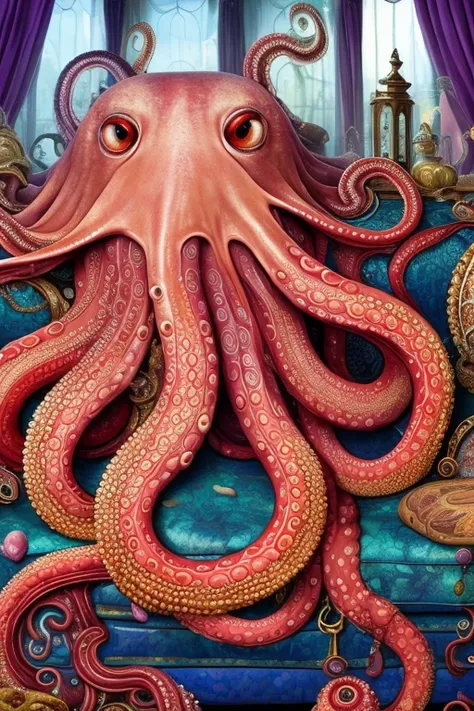giant octopus lay on old couch, multi many eyes, fractal tint tentacles, smooth shiny colorfully skin, lots of stuffed gems and various clutter and mess in background, intricate, highly detailed