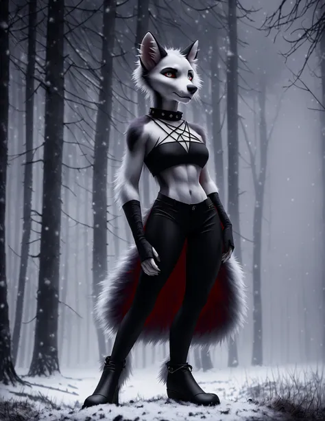 full body portrait of (loona hellhound:1.0), loonacroptop, loonashorts, slit pupils, white eyes, red sclera, fingerless gloves, (toeless legwear), digitigrade, [spiked collar], [pentagram], (fluffy fuzzy furry fur covered skin:1.3), masterpiece, best quality, detailed realistic fur, standing, pose
((holds a skull in his hand)), ((((dark atmosphere))))
(((dark night))),(((night))), (((red moon))), ((night forest on background)), (((snowfall))),  (heavy fog)
200mm
detail, detailed fur, (((ultradetailed fur))), (((magic)))
((hdr)) ,cinematic lighting, immense detail, photorealism, realistic, professional photography
<lora:loona:1>