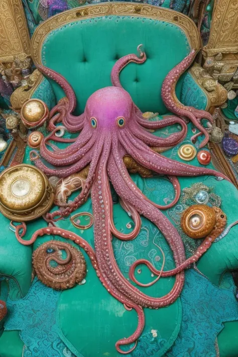 giant octopus lay on old couch, multi many eyes, fractal tint tentacles, smooth shiny colorfully skin, lots of stuffed gems and various clutter and mess in background, intricate, highly detailed