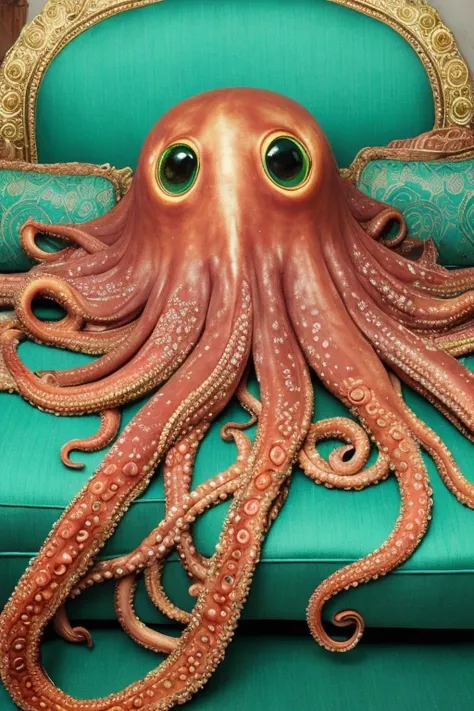 giant octopus lay on old couch, multi many eyes, fractal tint tentacles, smooth shiny colorfully skin, lots of stuffed gems and various clutter and mess in background, intricate, highly detailed