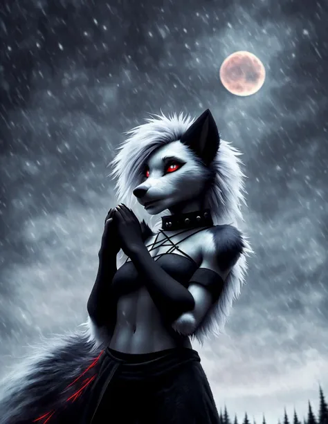 full body portrait of (loona hellhound:1.0), loonacroptop, loonashorts, slit pupils, white eyes, red sclera, fingerless gloves, (toeless legwear), digitigrade, [spiked collar], [pentagram], (fluffy fuzzy furry fur covered skin:1.3), masterpiece, best quality, detailed realistic fur, standing, pose
((((praying)))), ((((dark atmosphere))))
(((dark night))),(((night))), (((red moon))), ((night forest on background)), (((snowfall))),  (heavy fog)
200mm
detail, detailed fur, (((ultradetailed fur))), (((magic)))
((hdr)) ,cinematic lighting, immense detail, photorealism, realistic, professional photography
<lora:loona:1>