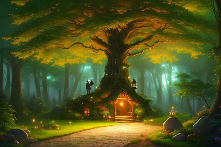 magic forest, magic atmosphere, house inside big tree, stones, wizard in robe with staff, fireflies, green colors, highly detailed, Landscape, by Greg Rutkowski, by Thomas Kinkade, by wlop