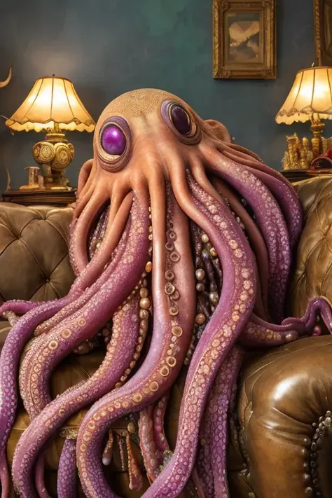 giant octopus lay on old couch, multi many eyes, fractal tint tentacles, smooth shiny colorfully skin, lots of stuffed gems and various clutter and mess in background, intricate, highly detailed