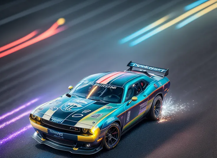 ((((Tilt-Shift racing track view)))), (((sparks from under the wheels))), High detail RAW color art, (((multicolor dodge challenger racing))), nitro acceleration, (((night winter alps))), (((ultradetaled))), (((Tattoo, airbrushing))), ((cyberPunk)), ((night trail from high-speed driving)), ((magical atmosphere)), ((wide screen)), wallpaper 8k, (smoke from under the wheels), ((mirror surfaces)), tokyo drift, need for speed, streaks of light, raytracing, subsurface scattering, diffused soft lighting, shallow depth of field, by (Oliver Wetter), photographed on a Canon EOS R5, 500mm lens, F/2.8, ((sharp focus bokeh)),((((Tilt-Shift racing track))))