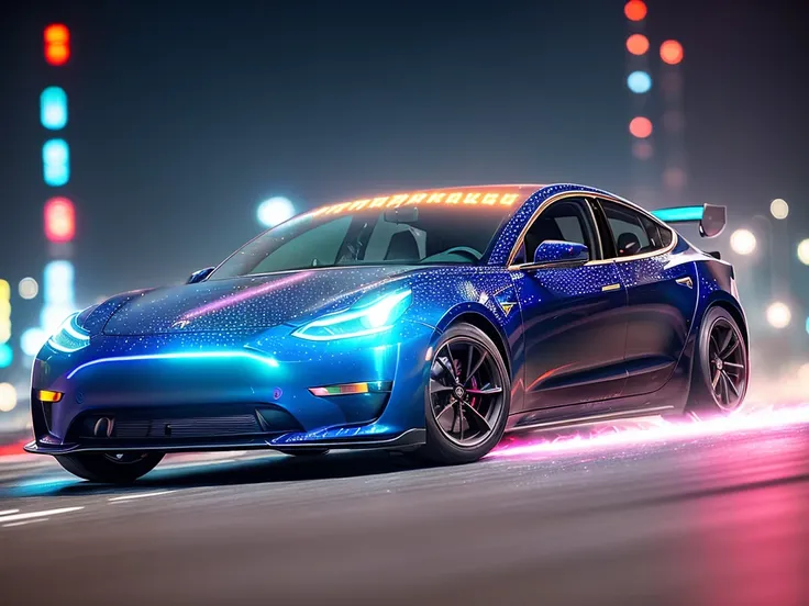 ((sparks from under the wheels)), High detail RAW color art, animation, multicolor tesla model3 street racing, nitro acceleration, night neon Tokyo, (((ultradetaled))), (((Tattoo, airbrushing))), ((cyberPunk)), ((night trail from high-speed driving)), ((magical atmosphere)), wide screen, wallpaper 8k, smoke from under the wheels, car bottom with neon lights, ((mirror surfaces)), tokyo drift, need for speed, streaks of light, raytracing, subsurface scattering, diffused soft lighting, shallow depth of field, by (Oliver Wetter), photographed on a Canon EOS R5, 500mm lens, F/2.8, ((sharp focus bokeh))